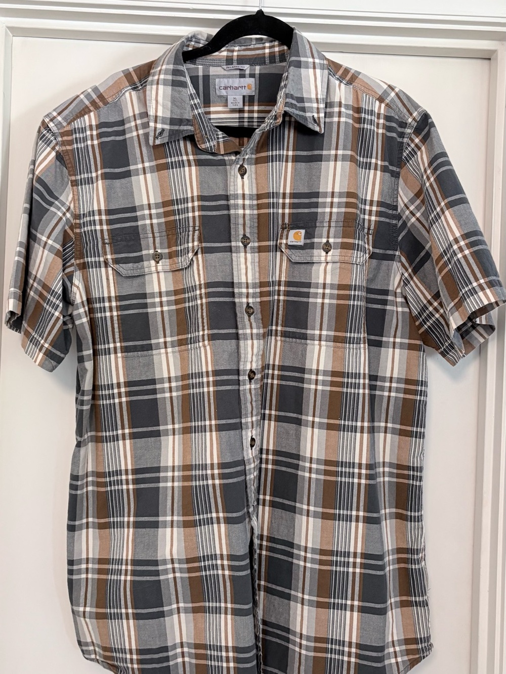 Carhartt Plaid Short Sleeve Button-Down Shirt in Gray, Brown & White